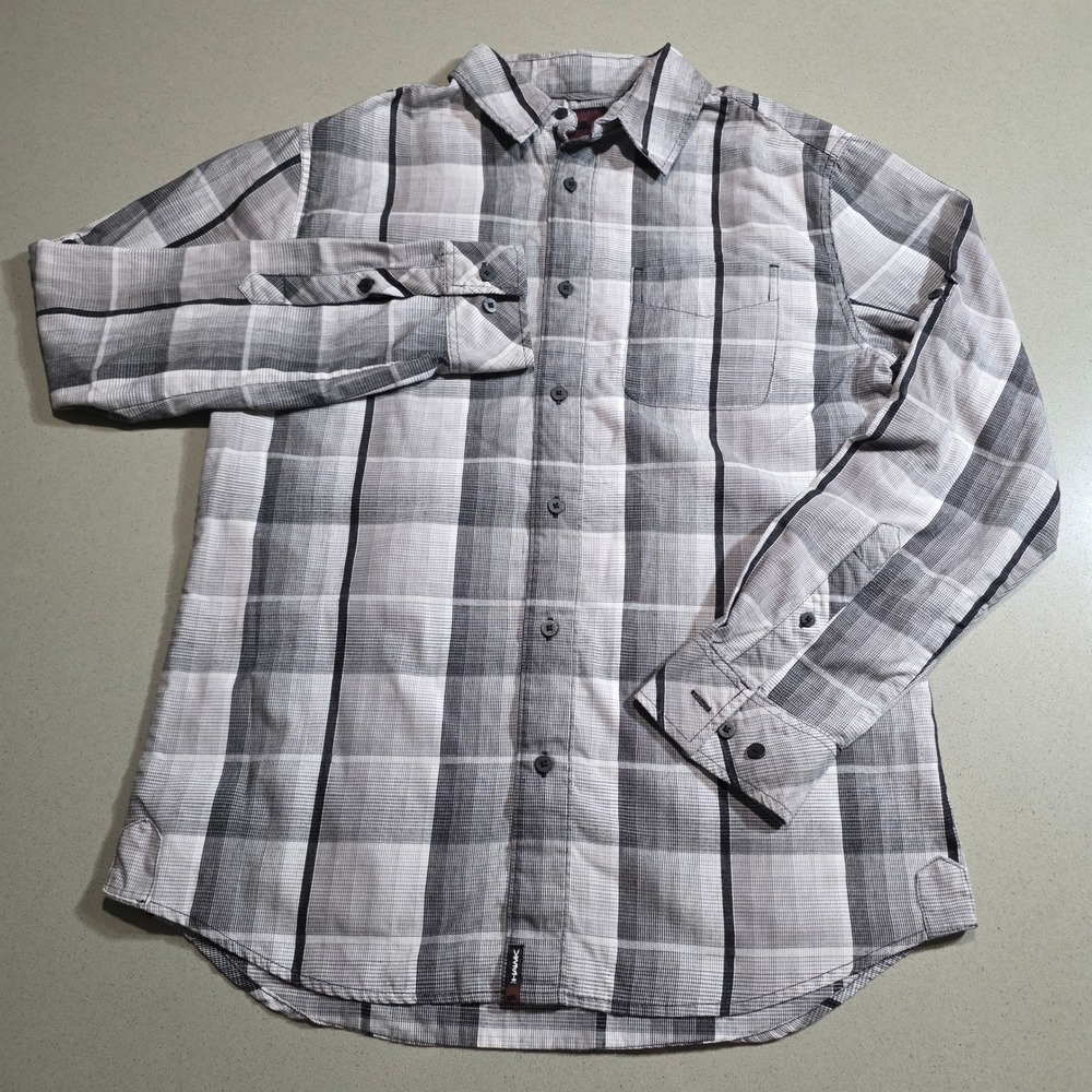 Tony Hawk Mens Plaid Button Down Shirt Grey Black White Long Sleeve Size Medium